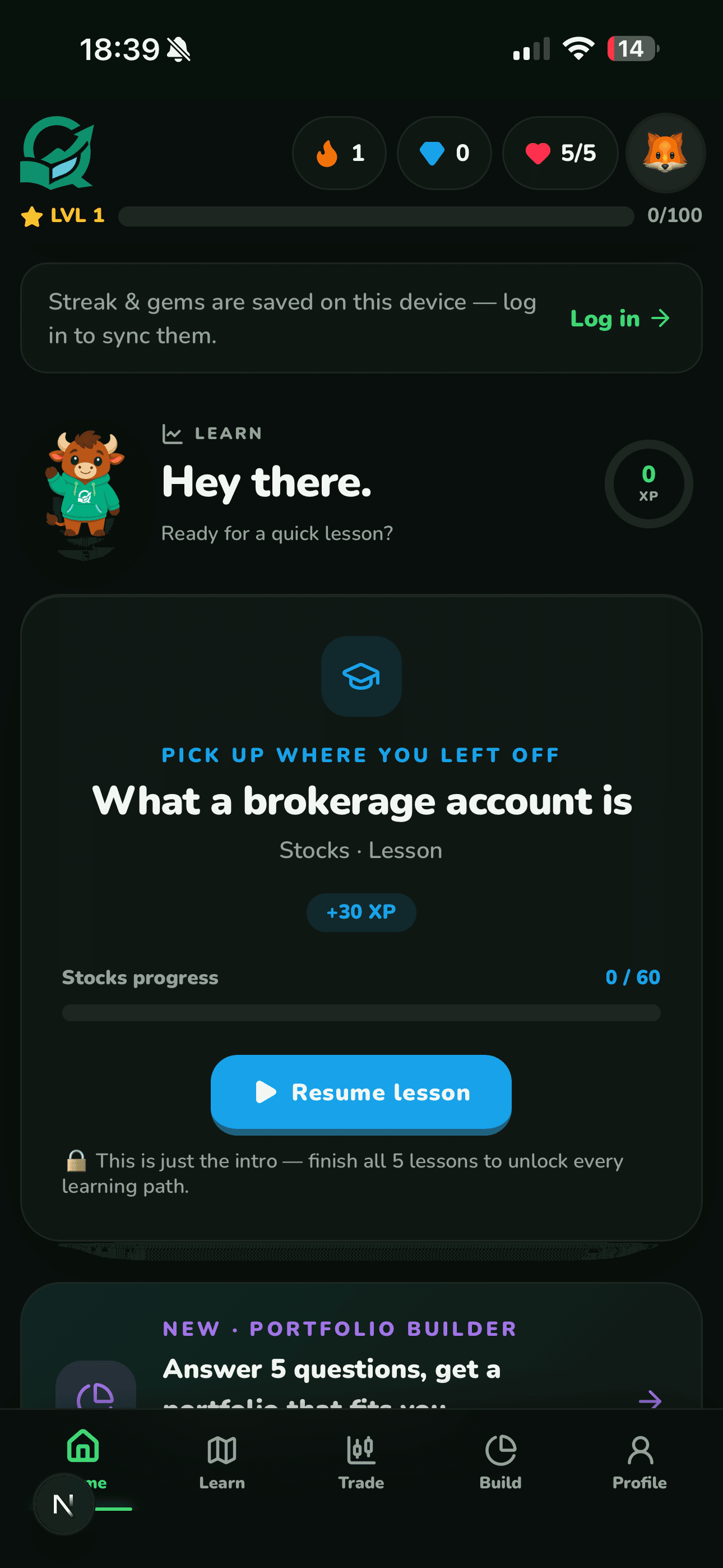 Quoliv home screen showing the brokerage account lesson