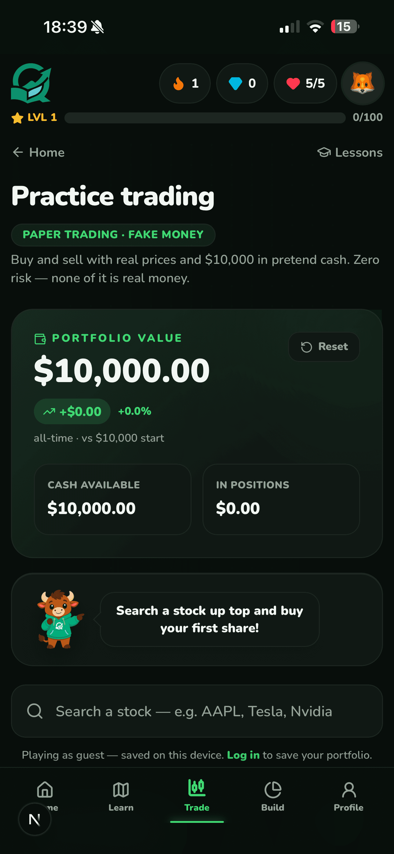 Quoliv practice trading screen with a $10,000 pretend portfolio